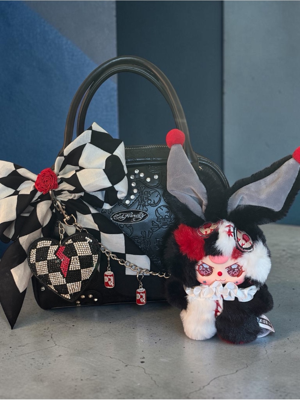 Ed Hardy Black Handbag with Authentic Plush Baby Three Scary Clown Series